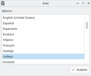 Captura de pantalla da selección de idioma en Anki