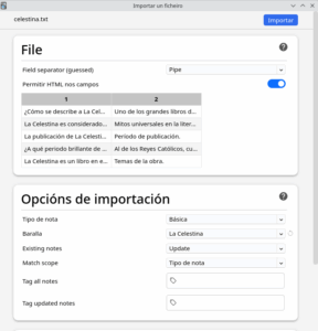 Captura de pantalla das opcións de importación en Anki