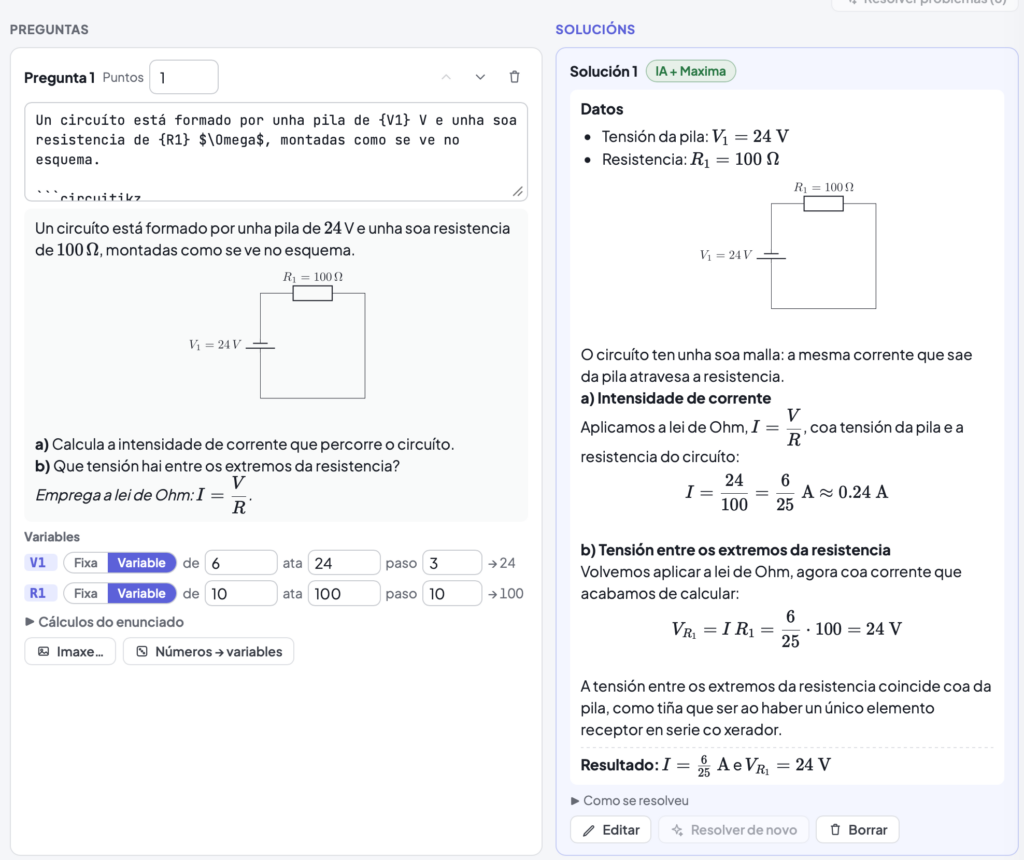 Pregunta dun circuĂto elĂ©ctrico en LĂșa, ĂĄ esquerda, e a sĂșa soluciĂłn paso a paso, ĂĄ dereita