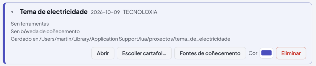 Proxecto «Tema de electricidade» en LĂșa cos botĂłns Abrir, Escoller cartafol e Fontes de coñecemento