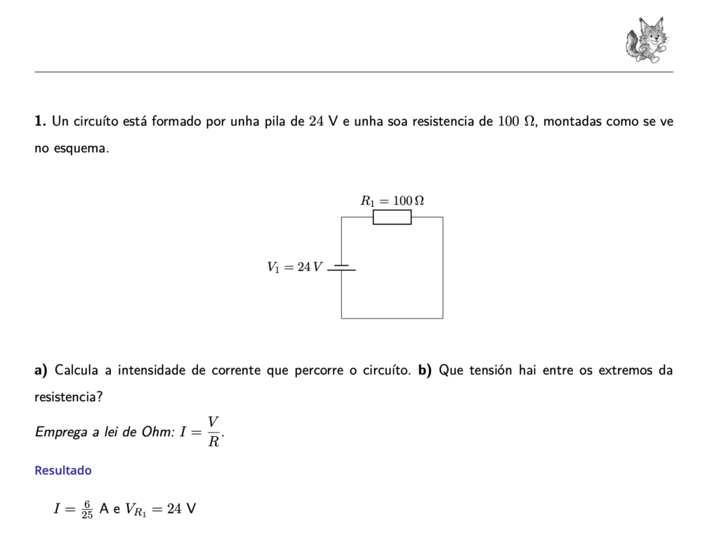 Exercicio dun exame de electricidade xerado por LĂșa, co esquema do circuĂto e o resultado