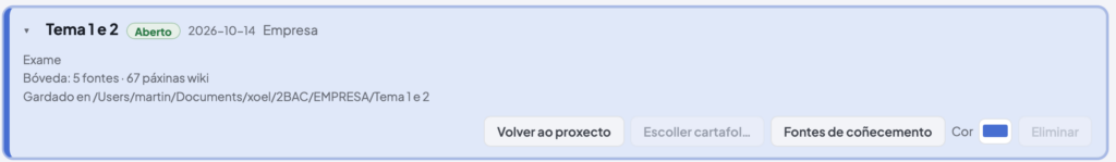 Proxecto «Tema 1 e 2» da materia Empresa en Lúa, cos botóns Volver ao proxecto, Escoller cartafol e Fontes de coñecemento