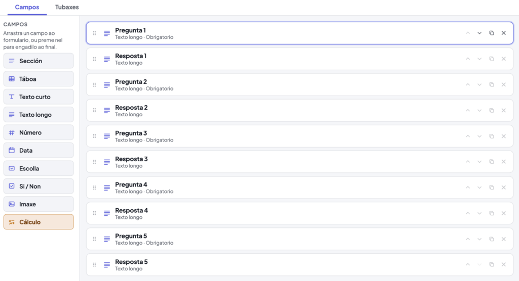 Editor de formularios de Lúa con campos de texto longo alternos: Pregunta 1, Resposta 1, Pregunta 2, Resposta 2…