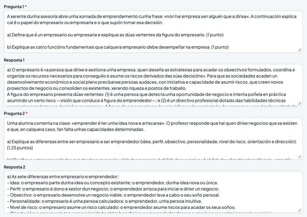 Formulario cuberto: preguntas da PAU sobre o empresario e o emprendedor coas súas respostas