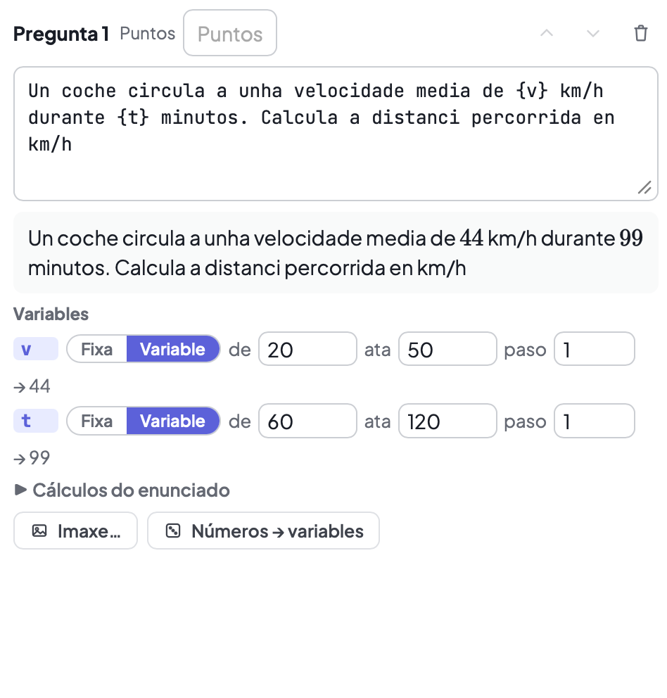 Campo de cálculo de Lúa cun problema de velocidade media e as variables v (de 20 a 50) e t (de 60 a 120)