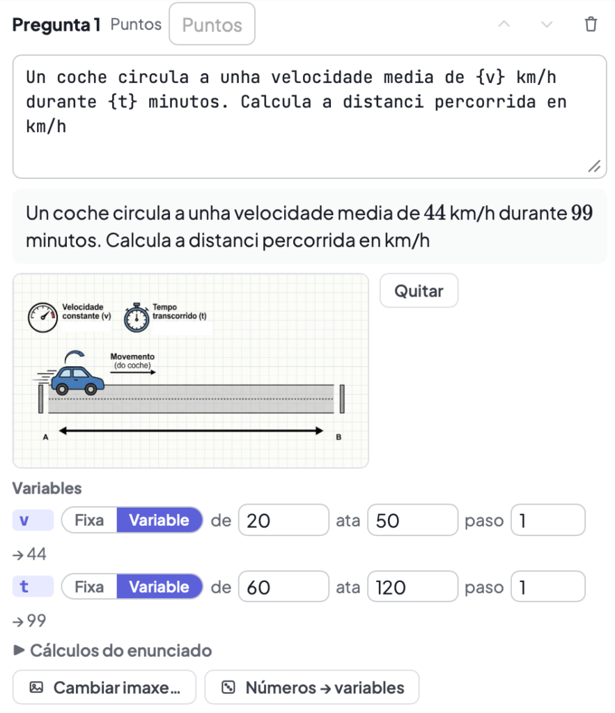 O mesmo problema de velocidade media cunha ilustración dun coche que vai do punto A ao punto B