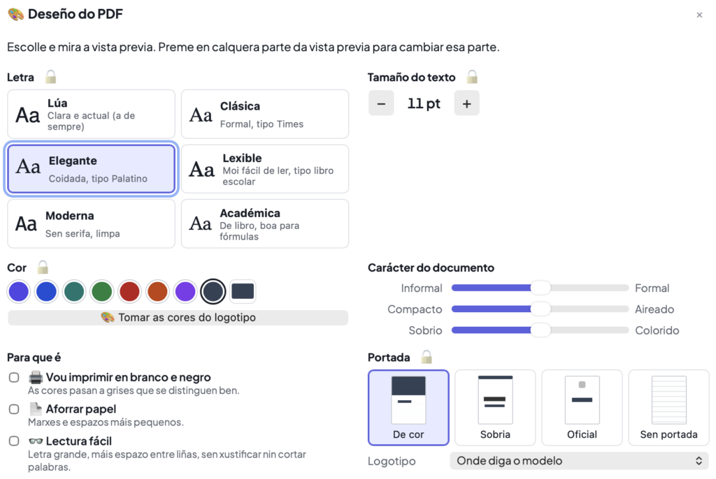 Xanela Deseño do PDF con opcións de letra, cor, tamaño do texto, carácter do documento e portada