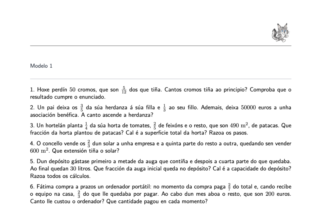 Primeira folla dun boletín xerado por Lúa, «Modelo 1», con seis problemas de fraccións