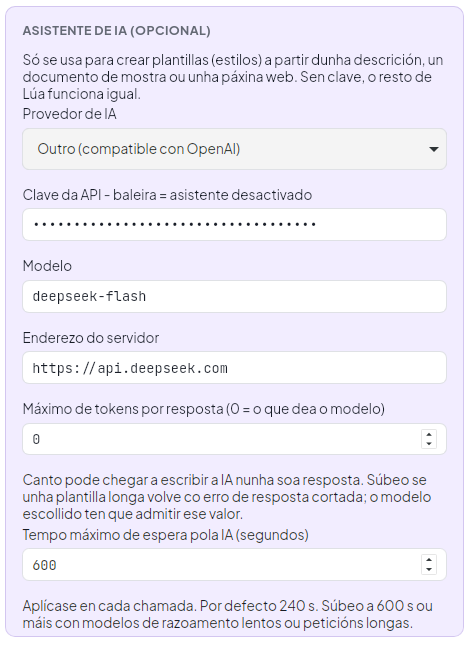 ConfiguraciĂłn do asistente de IA de LĂșa coa chave API, o modelo e o enderezo do servidor de DeepSeek