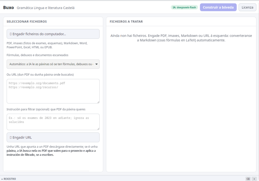 Módulo Buxo: á esquerda, as opcións para engadir ficheiros ou URL; á dereita, a lista de ficheiros a tratar