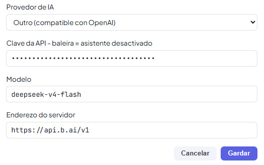 Xanela de Opcións de Yang coa configuración da API: Provedor de IA, Clave da API, Modelo e Enderezo do servidor