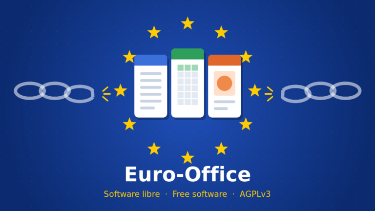 Logotipo ilustrado de Euro-Office: documentos rodeados das estrelas europeas e unha cadea rota