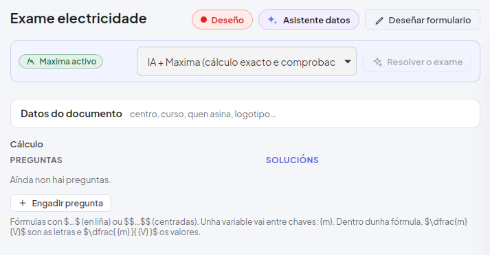 Formulario baleiro do exame de electricidade co botĂłn Asistente datos
