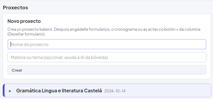 Formulario de LĂșa para crear un novo proxecto
