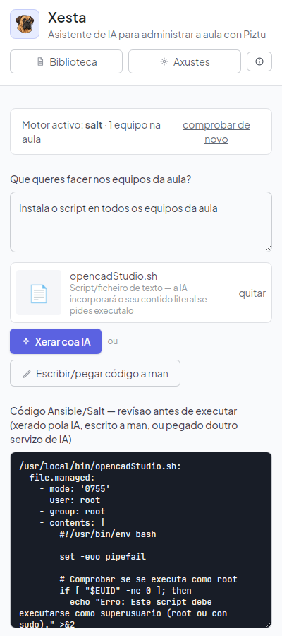 Captura do módulo Xesta xerando a acción de despregue de OpenCADStudio