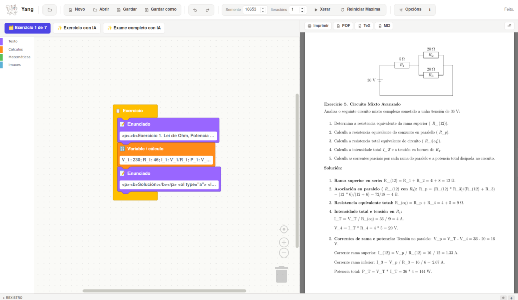 Exercicio de circuíto mixto de electricidade.matex aberto en Yang, coas variables e o PDF xerado á dereita